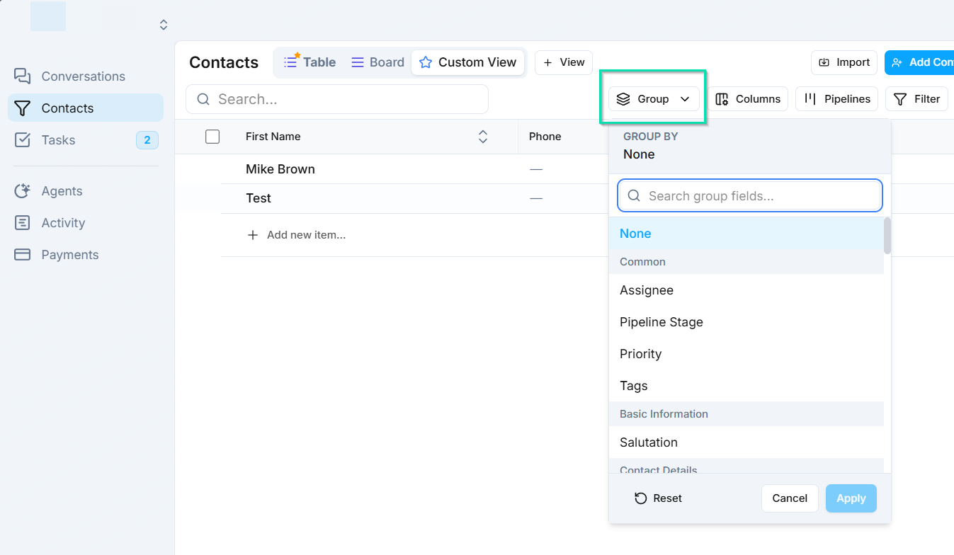 Set groupings to organize contacts